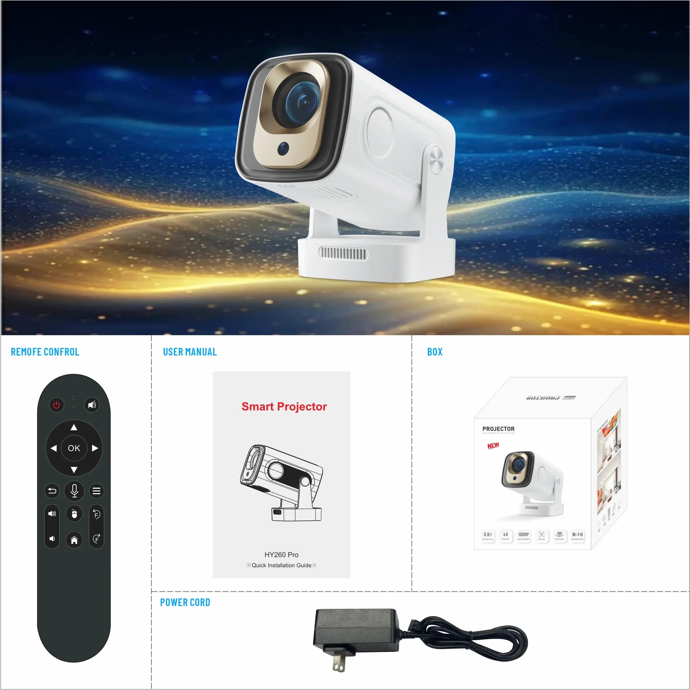 HY260Pro Smart Projector Supperted 4K Android 11 Dual Wifi6 330 ANSI Quad-core Allwinner H713 1080P Home Cinema Outdoor Projetor