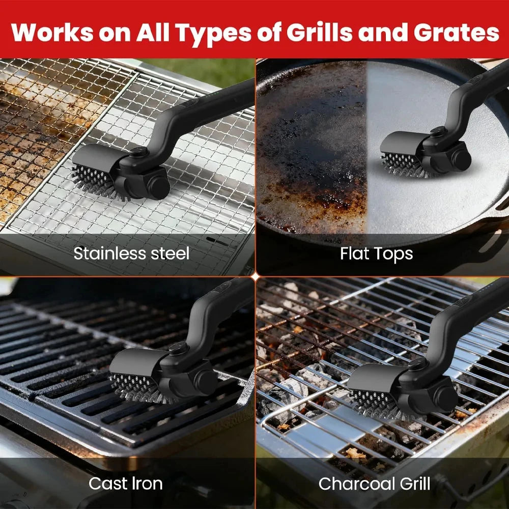 Electric BBQ Grill Brush with Replaceable Heads, 180° Adjustable Brush Head  for Outdoor Grilling and Kitchen Cleaning