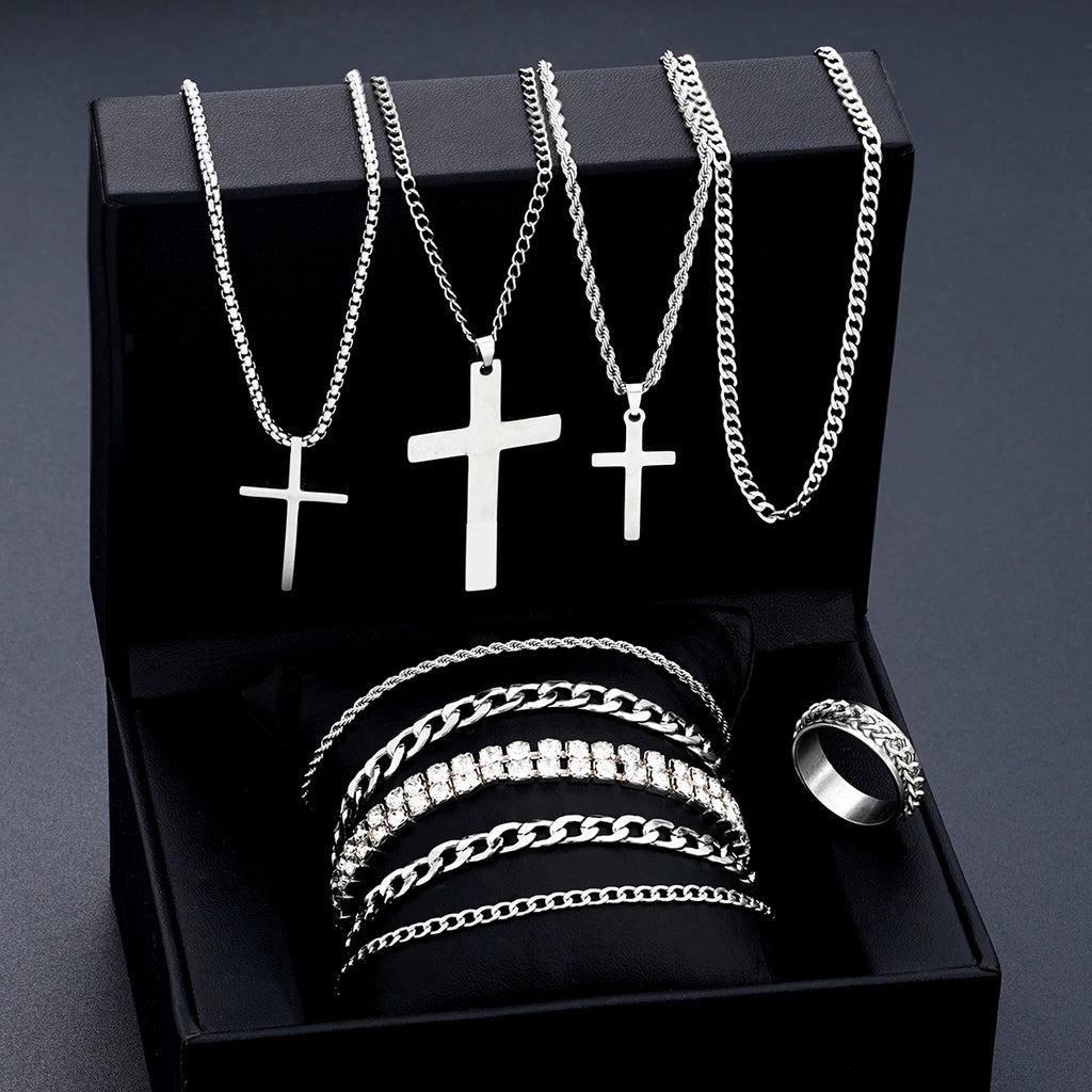 10Pcs/Set Cross Necklace Bracelet Ring Sets For Men Stainless Steel Silver Color Versatile Zircon Jewelry Set Fashion Party Gift