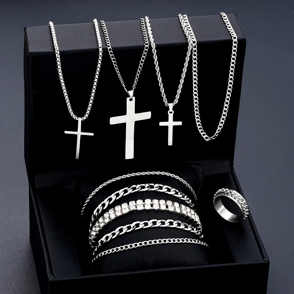 10Pcs/Set Cross Necklace Bracelet Ring Sets For Men Stainless Steel Silver Color Versatile Zircon Jewelry Set Fashion Party Gift