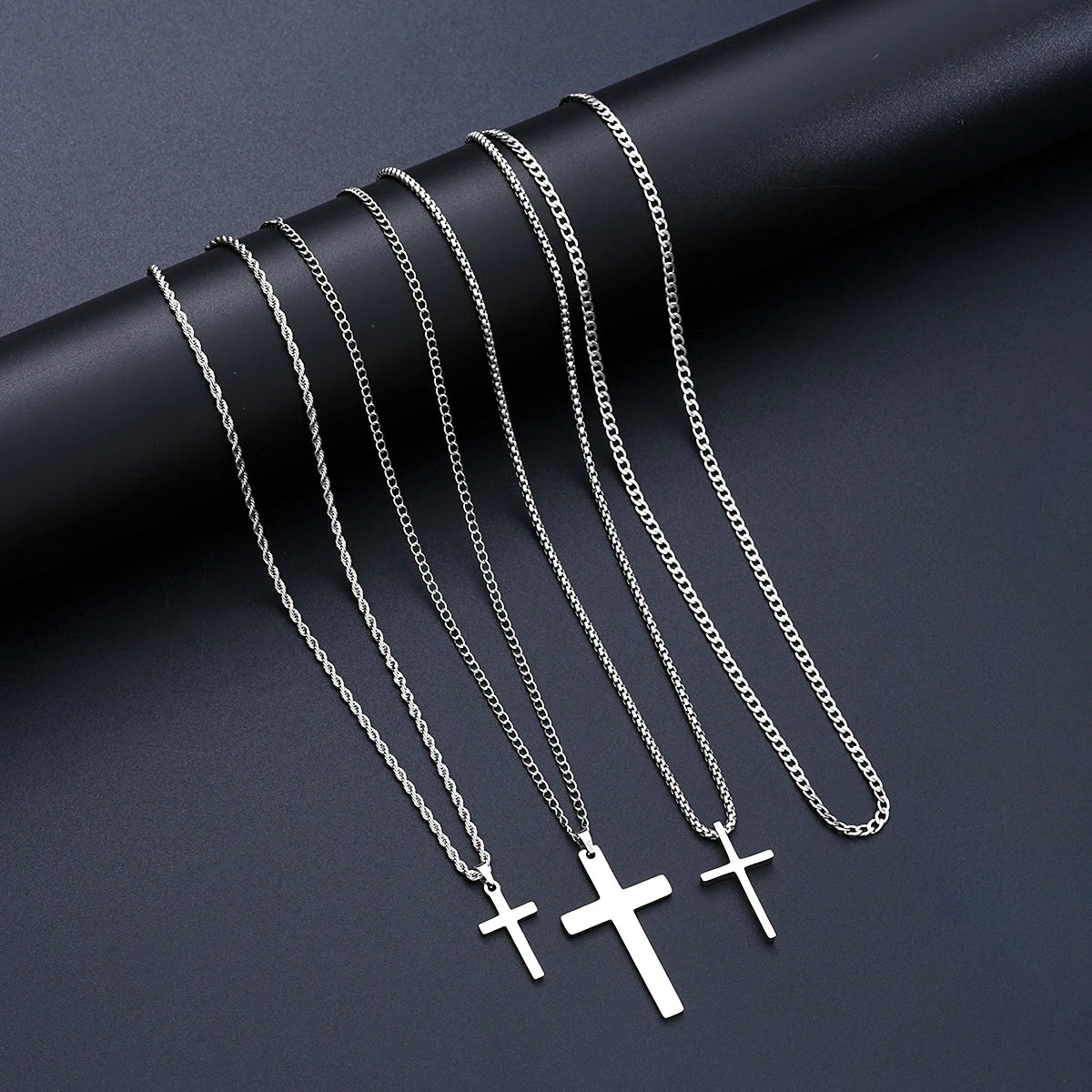 10Pcs/Set Cross Necklace Bracelet Ring Sets For Men Stainless Steel Silver Color Versatile Zircon Jewelry Set Fashion Party Gift