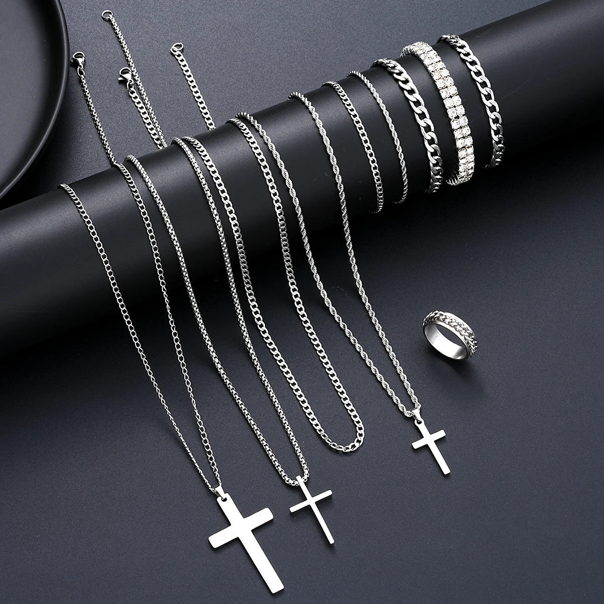 10Pcs/Set Cross Necklace Bracelet Ring Sets For Men Stainless Steel Silver Color Versatile Zircon Jewelry Set Fashion Party Gift