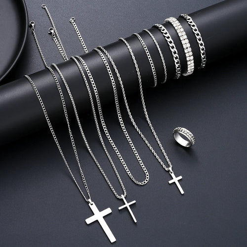 10Pcs/Set Cross Necklace Bracelet Ring Sets For Men Stainless Steel Silver Color Versatile Zircon Jewelry Set Fashion Party Gift