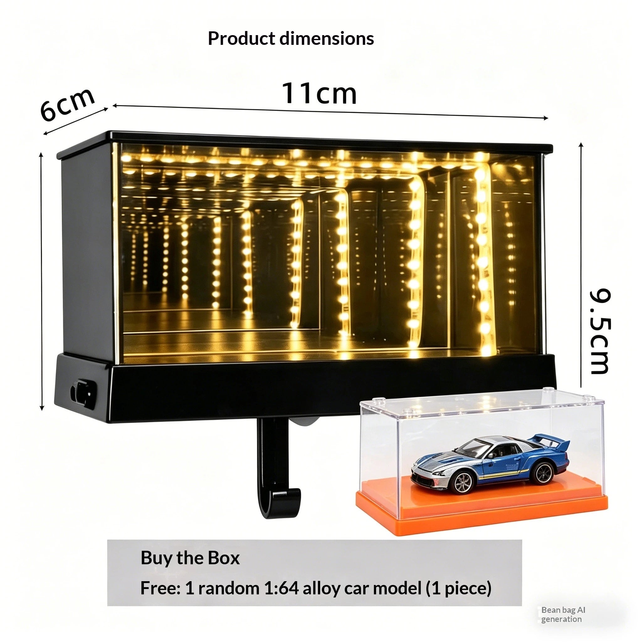 Infinity Mirror LED Garage Key Holder Motion Sensor Rechargeable Wall Rack Free Random 1:64 Diecast Car Model