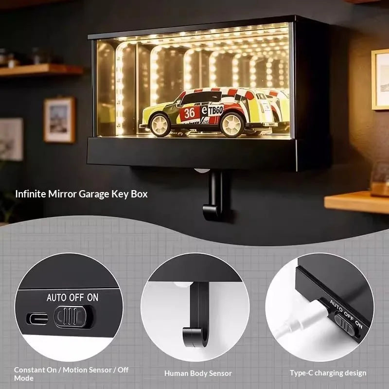 Infinity Mirror LED Garage Key Holder Motion Sensor Rechargeable Wall Rack Free Random 1:64 Diecast Car Model