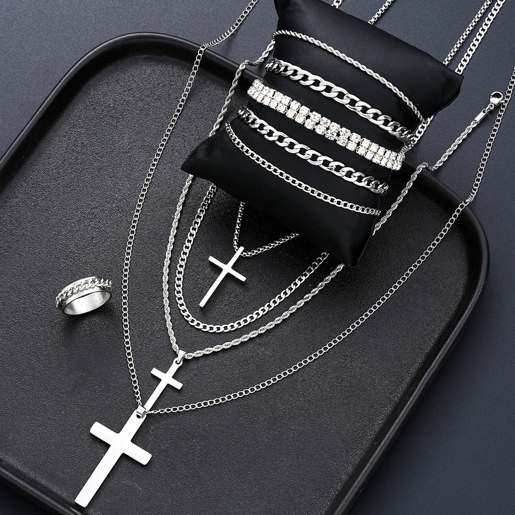 10Pcs/Set Cross Necklace Bracelet Ring Sets For Men Stainless Steel Silver Color Versatile Zircon Jewelry Set Fashion Party Gift