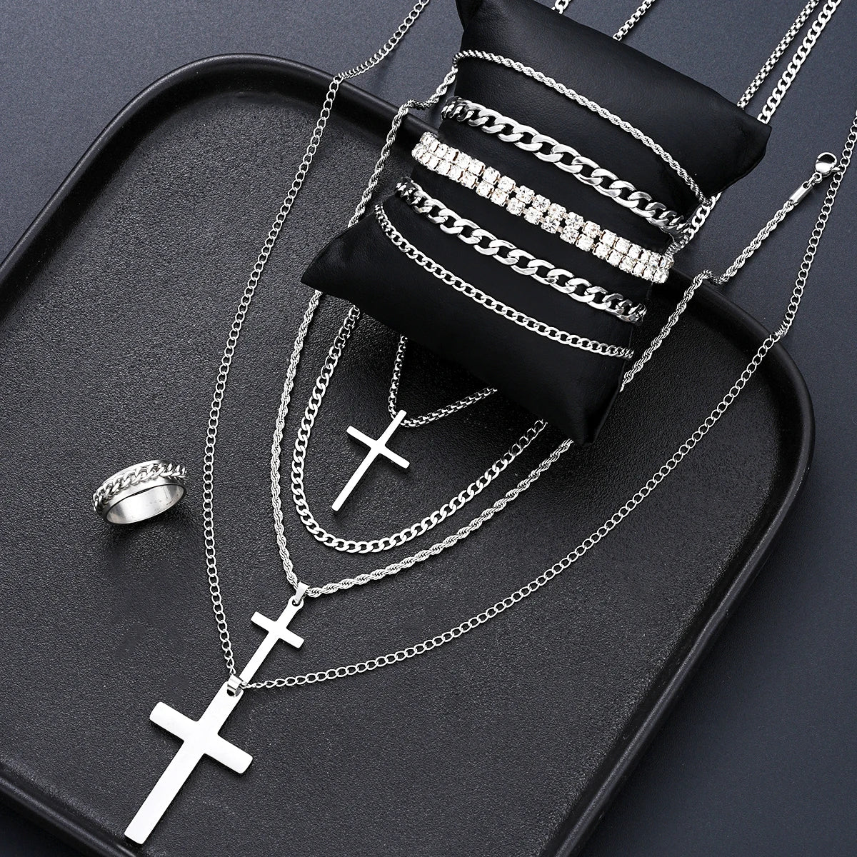 10Pcs/Set Cross Necklace Bracelet Ring Sets For Men Stainless Steel Silver Color Versatile Zircon Jewelry Set Fashion Party Gift