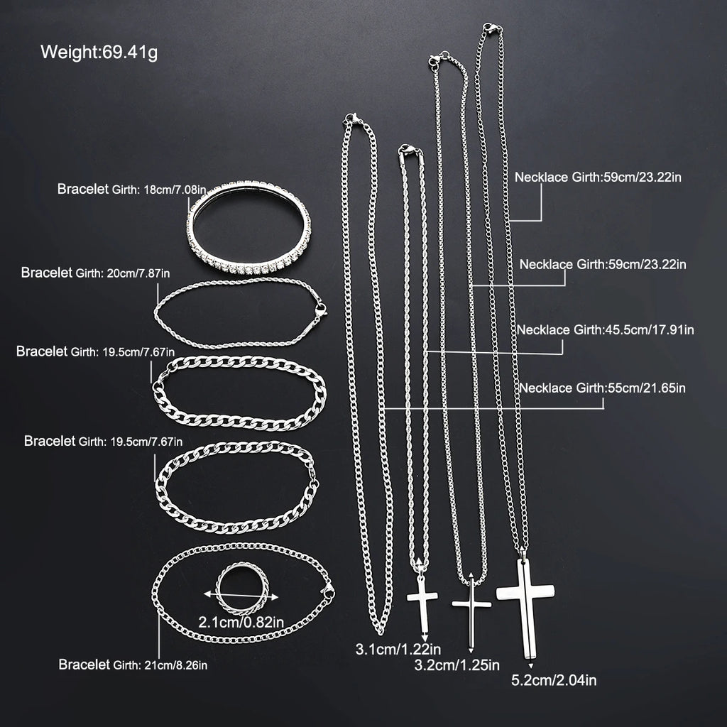 10Pcs/Set Cross Necklace Bracelet Ring Sets For Men Stainless Steel Silver Color Versatile Zircon Jewelry Set Fashion Party Gift