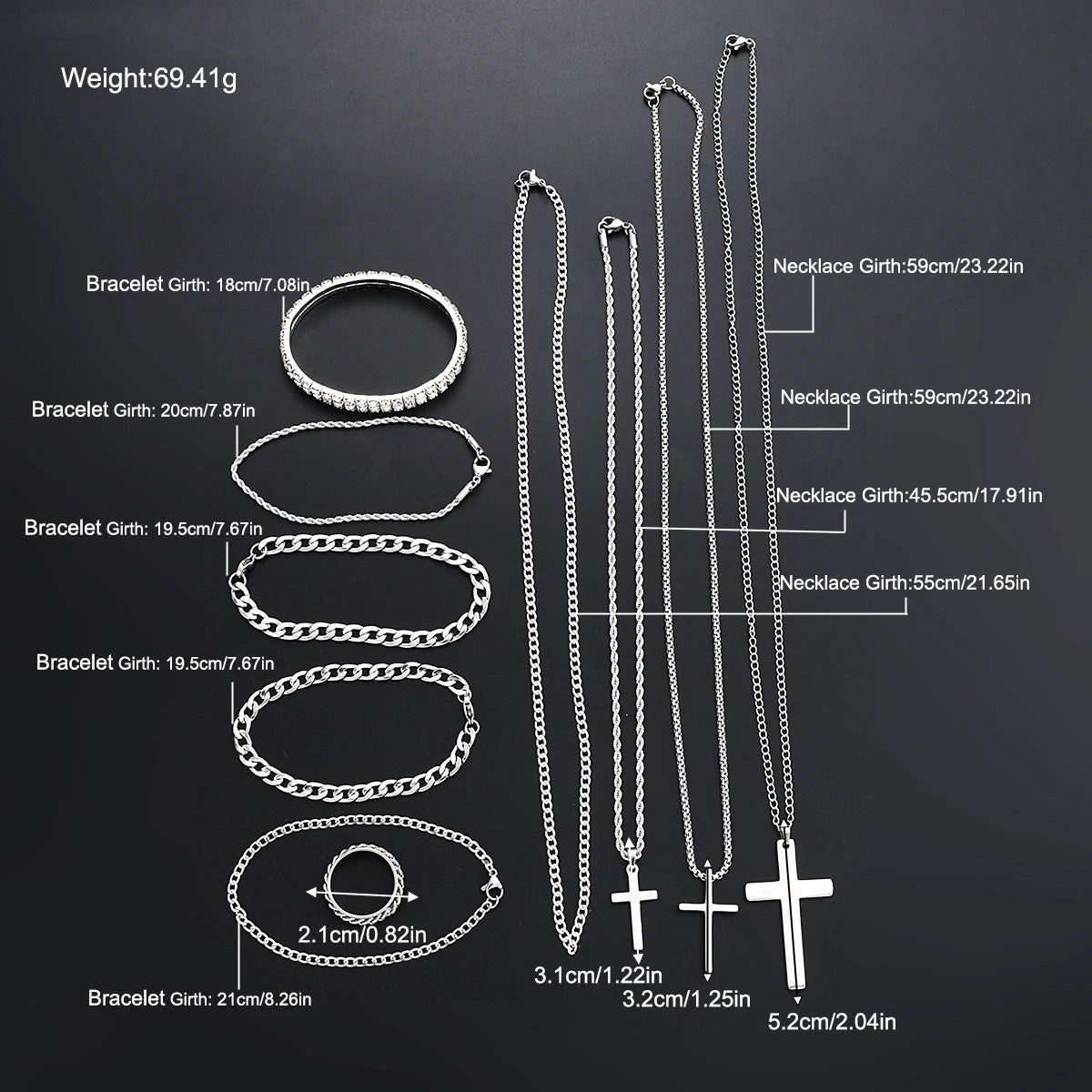 10Pcs/Set Cross Necklace Bracelet Ring Sets For Men Stainless Steel Silver Color Versatile Zircon Jewelry Set Fashion Party Gift