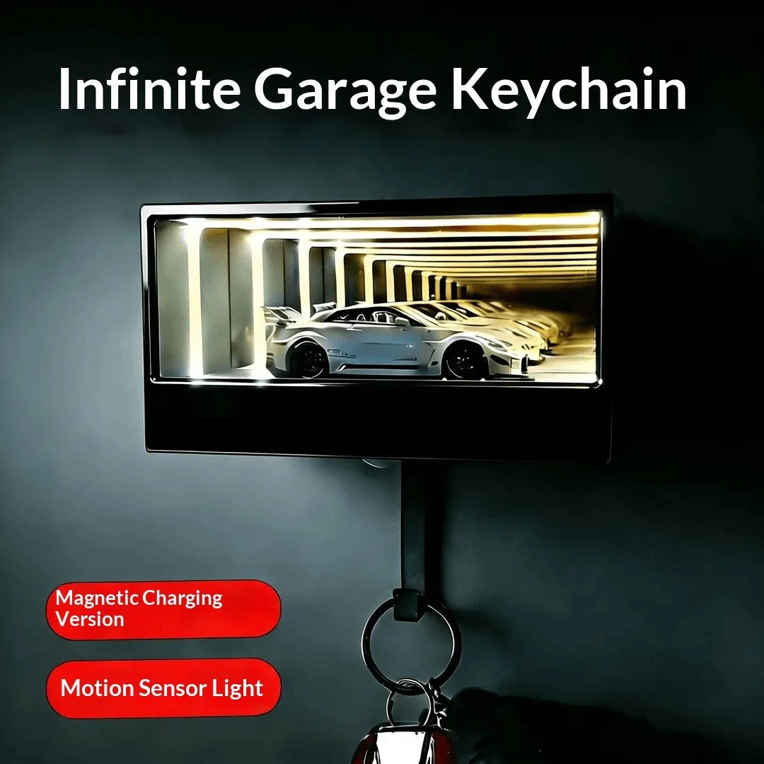 Infinity Mirror LED Garage Key Holder Motion Sensor Rechargeable Wall Rack Free Random 1:64 Diecast Car Model