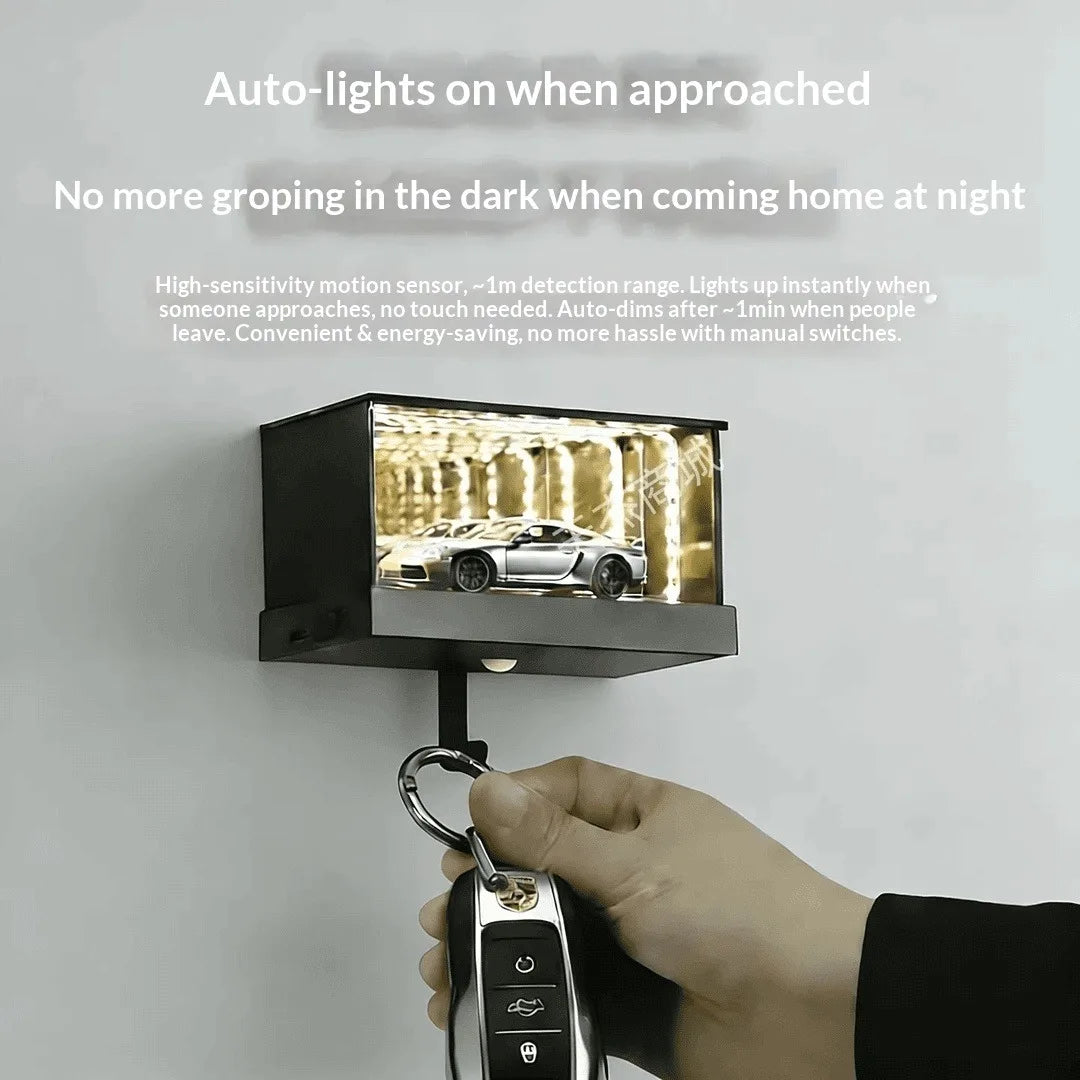 Infinity Mirror LED Garage Key Holder Motion Sensor Rechargeable Wall Rack Free Random 1:64 Diecast Car Model